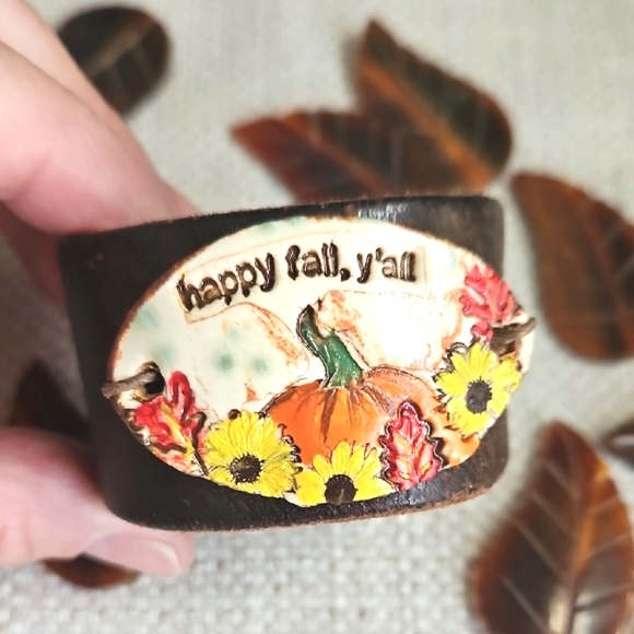 Happy Fall Y'all Artisan Ceramic Leather Cuff Bracelet Connector *Last One* - Picture 1 of 5